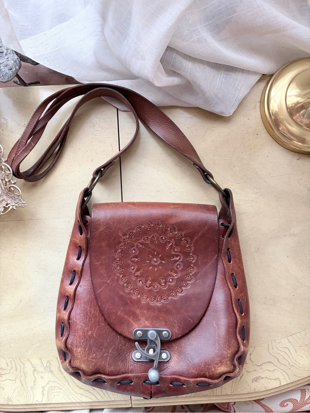 Vintage 1970s Hand Tooled Leather Saddle Bag Crossbody Boho Woodstock